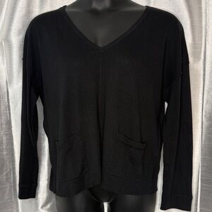 Cupio Sweater Black V Neck Drop Shoulder Reverse Hem Pockets Women’s XL Relaxed